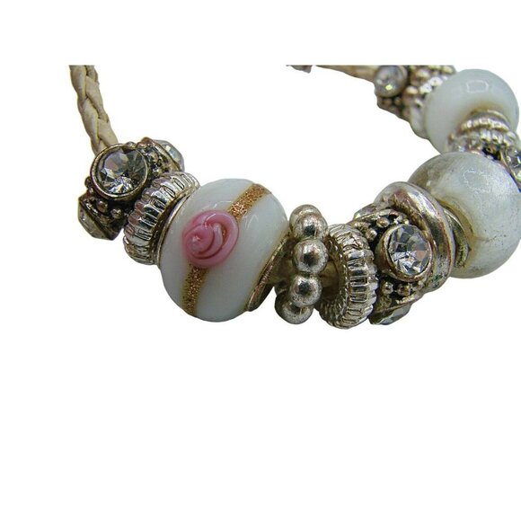 Set 2 Charm Bracelets Glass Beads Rhinestones Silver Gold Tones Rope Crafts 7" - Picture 7 of 12